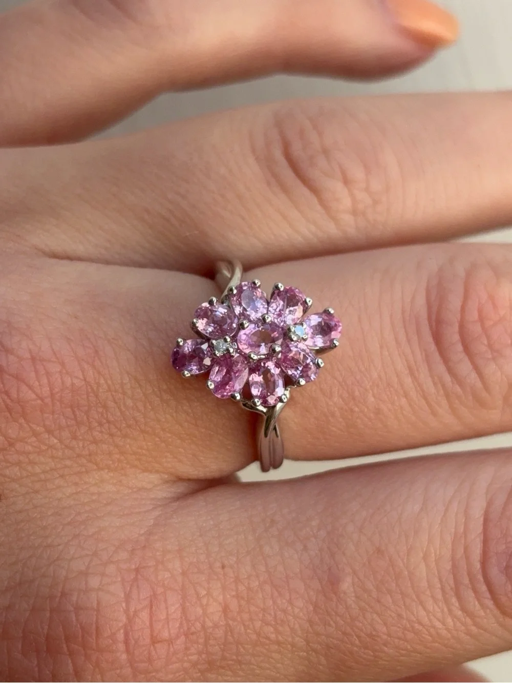 10k White Gold Diamond Pink Topaz Gemstone Cluster Cocktail Ring